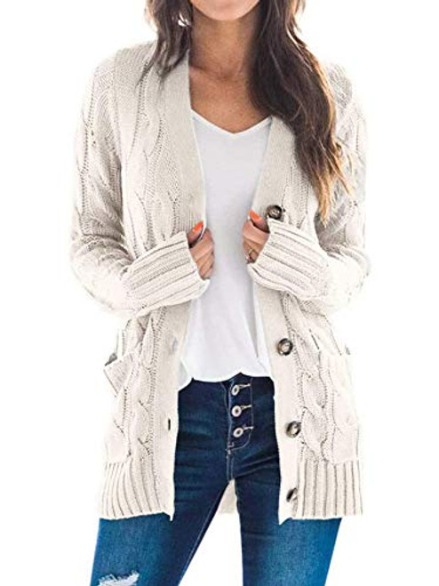 Womens Cardigans Sweaters Cable Knit Long Sleeve Open Front Button Down Chunky Outwear Coat with Pockets Beige