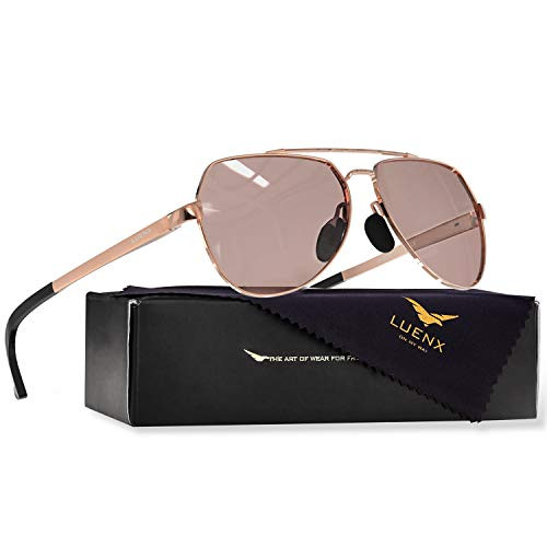 LUENX Men Women Aviator Sunglasses Polarized Shades Flexible Spring Hinge - Gradient Brown Pink Lens Rose Gold Metal Frame 63MM