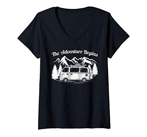 Womens Wanderlust Digital Nomad Travel The Adventure Begins V-Neck T-Shirt Womens Wanderlust Digital Nomad Travel The Adventure Begins V-Neck T-Shirt