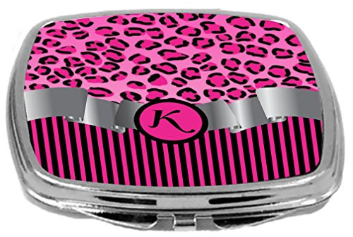 Rikki Knight Compact Mirror, Letter k Initial Hot Pink Leopard Stripes Monogram