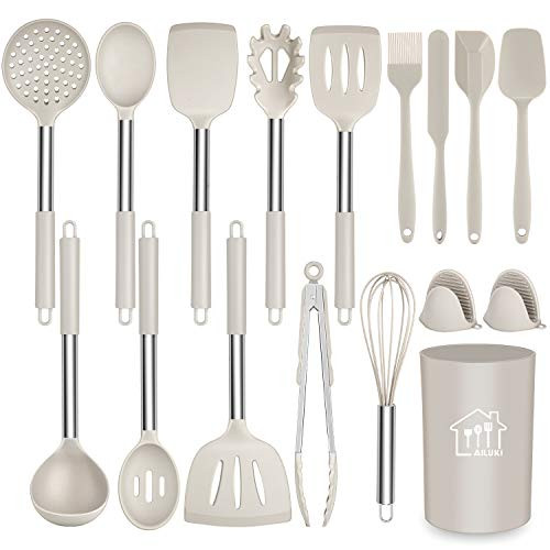 Silicone Cooking Utensil Set Kitchen Utensils 17 Pcs Cooking Utensils Set Non-stick Heat Resistant Silicone Cookware with Stainless Steel Handle