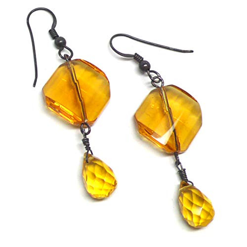 Heat-Treated Yellow Quartz Briolette Earrings Faceted Glass Square Sterling Silver Oxidized Heat-Treated Yellow Quartz Briolette Earrings Faceted Glass Square Sterling Silver Oxidized