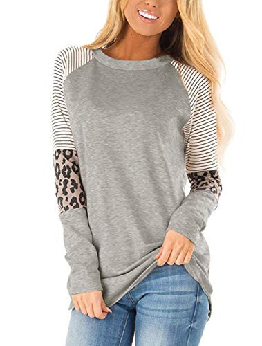 HARHAY Womens Leopard Print Color Block Tunic Round Neck Long Sleeve Shirts Striped Causal Blouses Tops Grey M