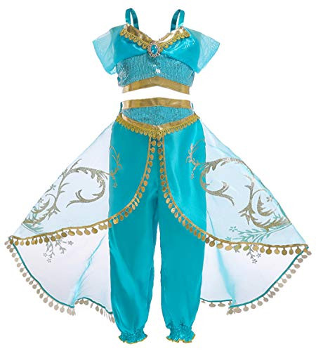 MetCuento Princess Dress for Girls Toddler Arabian Sequin Party Halloween Costume Birthday Outfit Green Size 10 Age 8-9 Years