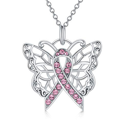 AOBOCO 925 Sterling Silver Breast Cancer Awareness Butterfly Pink Ribbon Pendant Necklace with Swarovski Crystals  Breast Cancer Survivor Gifts for Wo AOBOCO 925 Sterling Silver Breast Cancer Awareness Butterfly Pink Ribbon Pendant Necklace with Swarovski Crystals  Breast Cancer Survivor Gifts for Wo