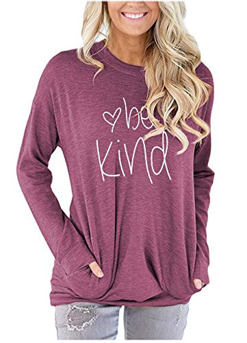 Be Kind Shirts for Women Teacher Long Sleeve Top Casual Loose Fit Pocket T Shirt Wine Red M
