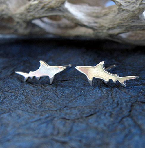 Shark Stud Earrings Polished Sterling Silver Handmade in USA