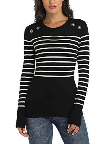 Dilgul Women Crewneck Striped Knit Sweaters Long Sleeves Casual Military Pullover Tops Black and Ivory S