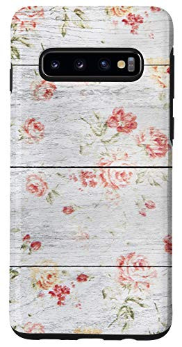 Galaxy S10 Pretty Floral Blush Pink Rose Woodgrain Shiplap Grey Wood Case