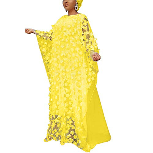 HD Afircan Women Applique Flower Dress Boat Neck Yellow Caftan Chiffon Gown One Size