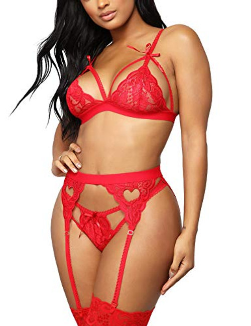 RSLOVE Red Lingerie Women Lingerie Sets with Garter Belt 3 Piece Lace Teddy Babydoll Sexy Bodysuit -Medium Red- RSLOVE Red Lingerie Women Lingerie Sets with Garter Belt 3 Piece Lace Teddy Babydoll Sexy Bodysuit -Medium Red-