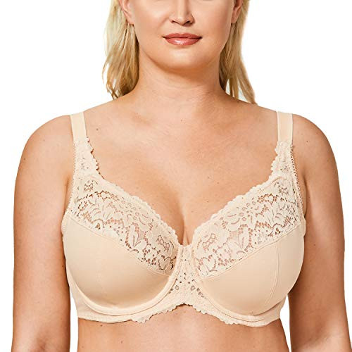 DELIMIRA Womens Plus Size Full Coverage Cotton Underwire Unlined Lace Bra Beige 40G