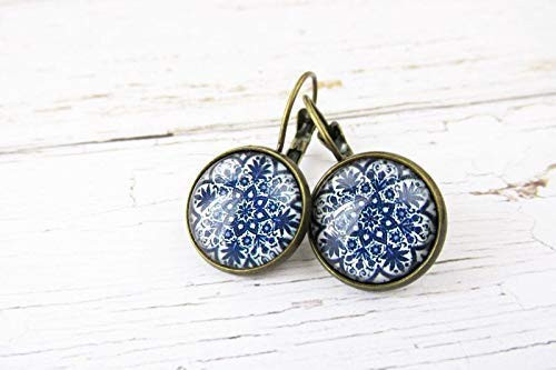 Purple Flower Mandala Glass Dome Drop Earrings for Women Gift for Her Antique Brass Lever Back Purple Flower Mandala Glass Dome Drop Earrings for Women Gift for Her Antique Brass Lever Back