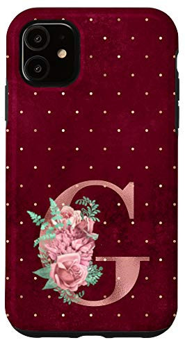 iPhone 11 Burgundy floral Initial Letter G monogram pink flowers Case