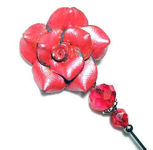 RED FLOWER BLOOM Stick Hat Pin Long Hatpin Vintage Style SILVER Plated