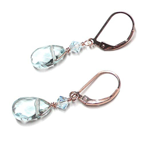 Lab Grown Aqua Quartz 12x8mm Briolette Lever Back Earrings Swarovski Crystal Rose Gold-Filled Lab Grown Aqua Quartz 12x8mm Briolette Lever Back Earrings Swarovski Crystal Rose Gold-Filled