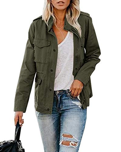 Womens Military Jacket Zip Up Snap Buttons Lightweight Utility Anorak Field Safari Coat Outwear Army Green