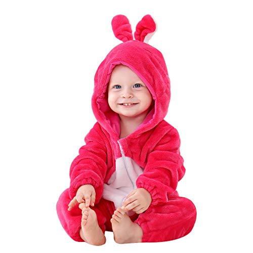 IDGIRL Baby Rabbit Costume  Animal Romper for Infant Winter Flannel Outfits 6-12 Months Rose Red