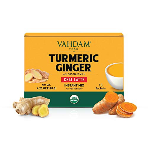 VAHDAM  Organic Turmeric Ginger Chai Latte Premix - 15 Sachets - INSTANT USDA Certified Organic Chai Tea Latte SUPERFOOD with Coconut Milk  Turmeric and