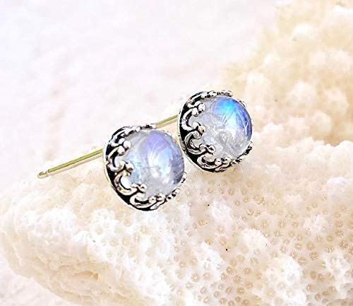 Rainbow Moonstone Stud Earrings - 925 Sterling Silver - 6mm Studs - Jewelry Gift For Her Women Mom