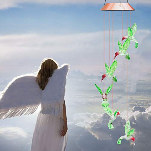 Lampelc Solar Mobile Hummingbird Wind Chime Outdoor LED Light Solar Angel Wind Chimes Color-Changing Waterproof Hanging Solar Powered Chimes Lights fo