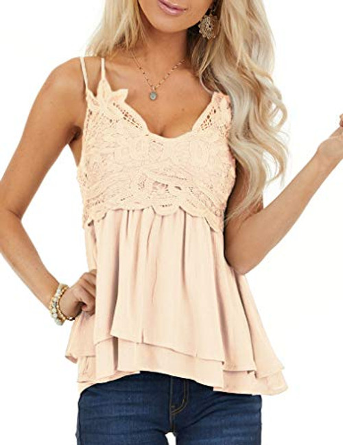 Womens Spaghetti Strap Lace Tanks Fashion 2020 Summer Strappy Tops Shirts V Neck Camisole Apricot Large Womens Spaghetti Strap Lace Tanks Fashion 2020 Summer Strappy Tops Shirts V Neck Camisole Apricot Large