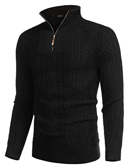 COOFANDY Mens Quarter Zip Sweater Slim Fit Casual Knitted Turtleneck Pullover Mock Neck Polo Sweater -02-Black  Large-