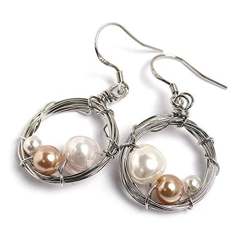 Handmade Pearl Earrings Platinum Plated 925 Sterling Silver Hook Wire Wrapped Dangle Drop Earrings-a Bird´s Egg in Circle Nest