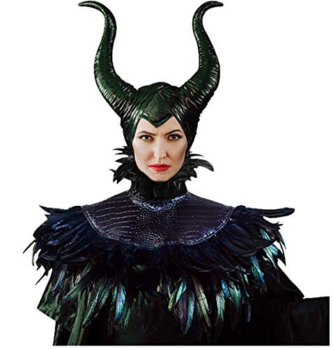 LVOW Gothic Black Feather Cape Shawl with Maleficent Horns for Halloween Crow Costume -Style 2-