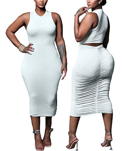 Womens Sleeveless Tank Ruched Casual Knee Length Bodycon Sundress Basic Fitted Dress Casual Sleeveless Midi Sexy Bodycon Tank Club Dress White