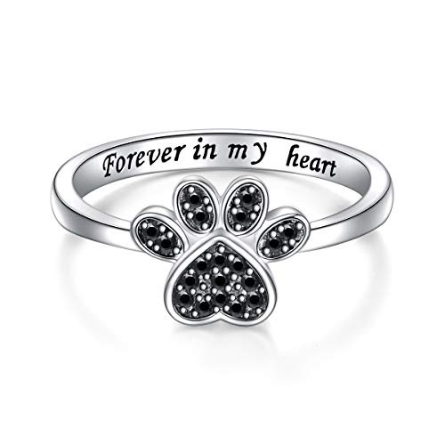S925 Sterling Silver Jewelry Engraved Forever in my heart Puppy Dog Cat Pet Paw Print Black CZ Ring Size 7 S925 Sterling Silver Jewelry Engraved Forever in my heart Puppy Dog Cat Pet Paw Print Black CZ Ring Size 7