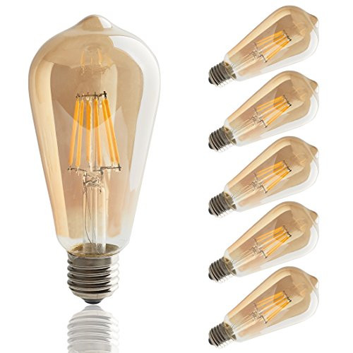 LED Edison Bulb,6w Dimmable Led Light Bulb, Vintage LED Filament Light Bulb, st64 led Bulb,2700K, Antique Style, e26 Medium Screw Base, Amber Glass Cover,6 Pack.