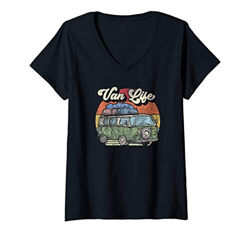 Womens Van Life  Retro 70s Sunset Vintage Camper Van Distressed V-Neck T-Shirt