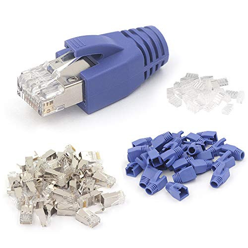 VCE 10-Pack Cat6A-Cat7 RJ45 Nickel Plated Shielded Modular Plugs with Ethernet Network Strain Relief Boots-Blue