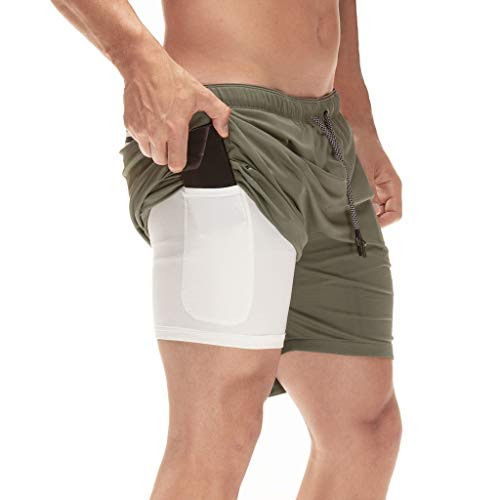 FEDTOSING Mens 2 in 1 Workout Running Shorts Athletic Quick Dry Training Gym Shorts with Zipper Pockets -XL Army Green-