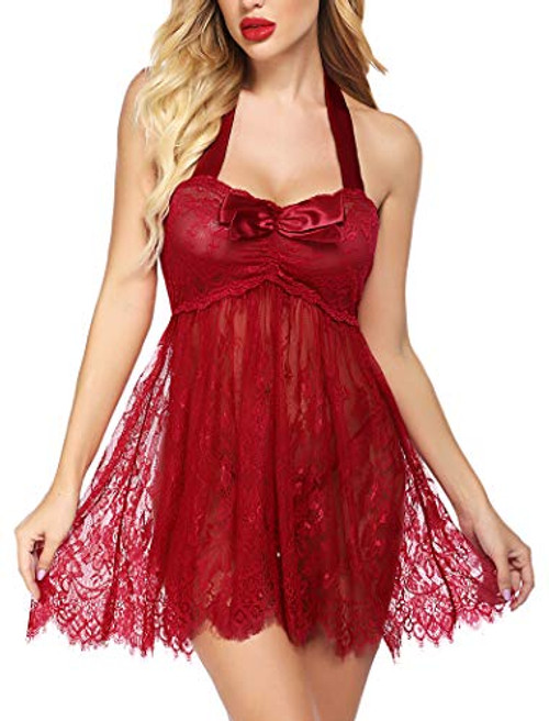 Avidlove Eyelash Lingerie Lace Babydoll Halter Chemise Sexy Sleepwear V Neck Nightgown Nightdress Dark Red