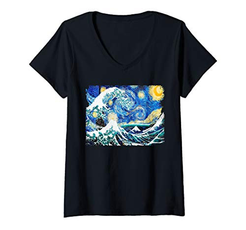 Womens Starry Night and Great Wave Shirt Van Gogh Art Painting V-Neck T-Shirt Womens Starry Night and Great Wave Shirt Van Gogh Art Painting V-Neck T-Shirt