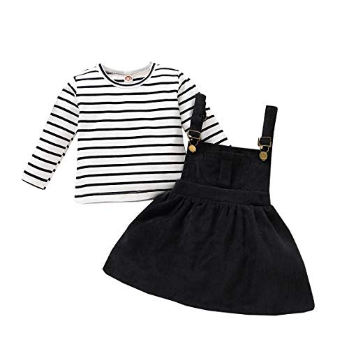 Toddler Baby Girl Overall Dress Sets Long Sleeve Stripe Top and Strap Skirt Outfits Fall Winter Clothes 12-18 Months