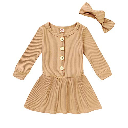 HAPPYMA Toddler Baby Girls Clothing Winter Solid Color Cotton Button Spring Dress Long Sleeve Skirt Outfits -Coffee Color  2-3T-