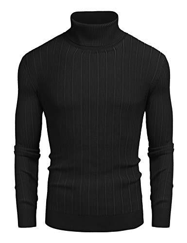 COOFANDY Mens Slim Fit Turtleneck Sweater Cotton Ribbed High Neck Pullover Sweaters Black