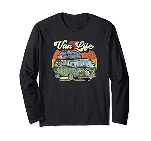 Van Life  Retro 70s Sunset Vintage Camper Van Distressed Long Sleeve T-Shirt