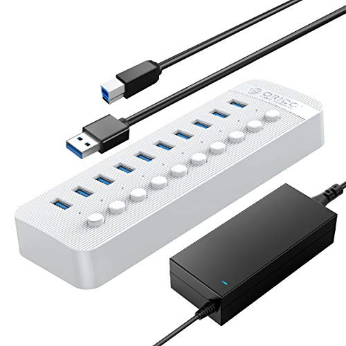 ORICO Powered USB Hub  10 Ports 48W USB 3-0 Data Hub with BC1-2 Charging  Individual On-Off Switches and 12V-4A Power Adapter for Desktop Computer  PC
