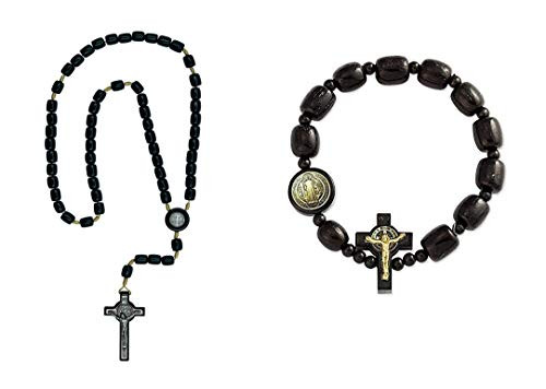 Catholica Shop Silver Cross Necklace with Wood Beads St- Benedict Rosary- 20 Inch- Catholic Religious Wear Elasticated Saint Benedict Medal BRACELET w