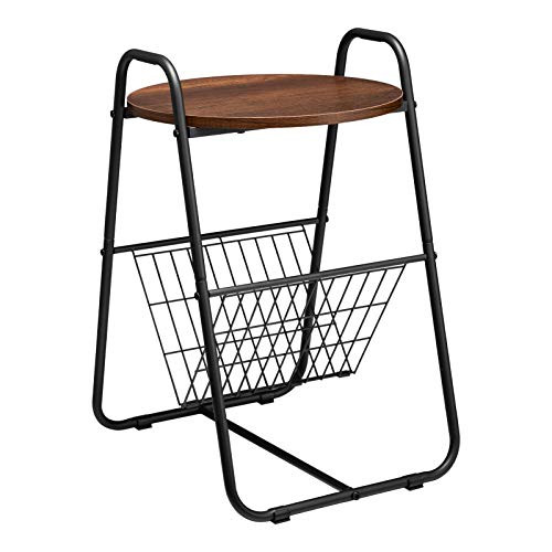 DOEWORKS Round Magazine Table  End Side Table  Cherry Coffee Table  Nightstand with Metal Storage Basket