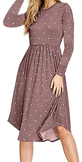 YUNDAI Women Long Sleeve Pleated Polka Dot Pocket Loose Swing Casual Midi Dress X-Large  Coffee YUNDAI Women Long Sleeve Pleated Polka Dot Pocket Loose Swing Casual Midi Dress X-Large  Coffee