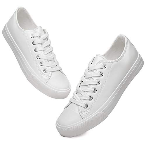 Womens White PU Leather Sneakers Low Top Tennis Shoes Lace up Casual Walking Shoes-White-US6-