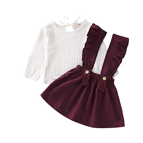 Toddler Baby Girl Suspender Skirt Sets Cotton Linen Top Ruffle Strap Overall Skirt Dress Set Outfit Fall Clothes -A-Wine Red  5-6T- Toddler Baby Girl Suspender Skirt Sets Cotton Linen Top Ruffle Strap Overall Skirt Dress Set Outfit Fall Clothes -A-Wine Red  5-6T-