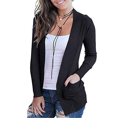 VOIANLIMO Women Open Front Casual Long Sleeve Knit Soft Classic Black Cardigan Sweater with Pocket M Size