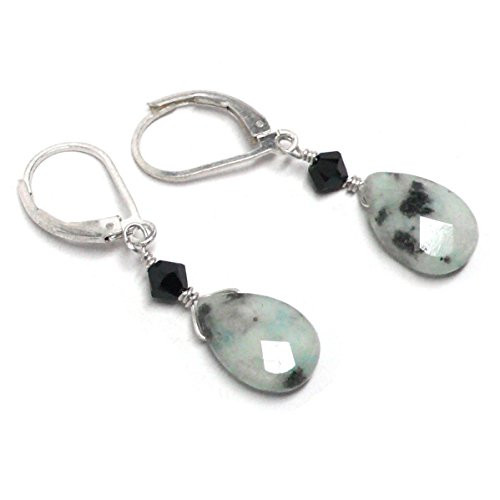 Sesame Jasper Briolette Lever Back Earrings Swarovski Crystal Sterling Silver