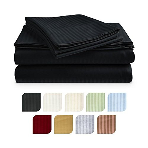 Crystal Trading 4-Piece Bed Sheet Set - Dobby Stripe - 100% Cotton Sateen - 400 Thread Count (Queen, Black)